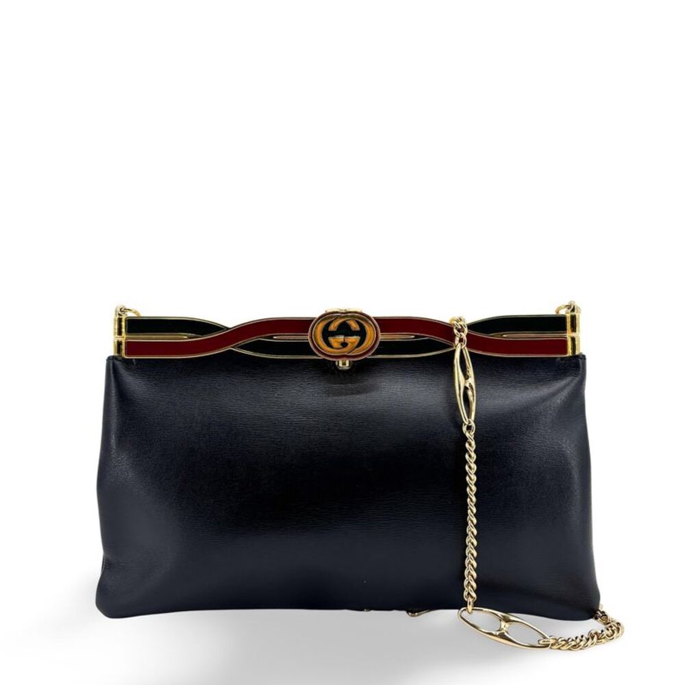 Gucci Vintage Interlocking G Enamel Frame Chain Shoulder Bag Black